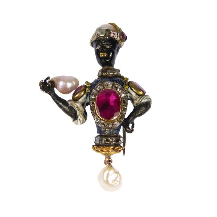 Enamel, ruby and pearl blackamoor jewel with brooch pin fitting